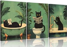 3Pcs Funny Black Cat Bathroom Canvas Wall Art Vintage Cat Wash its paws Readi...