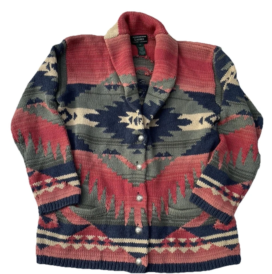 VTG RARE Ralph Lauren Hand Knit Navajo Aztec Shawl Sweater Southwest Cardigan - Image 3 of 4
