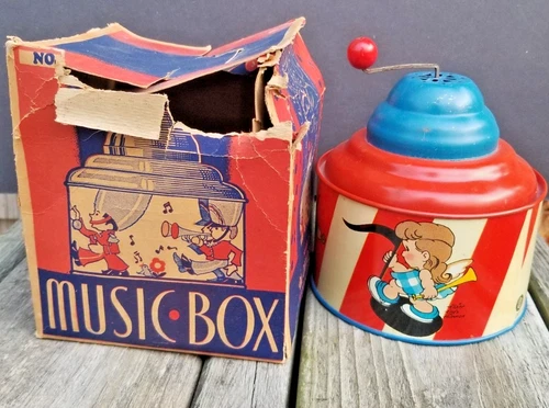 Vintage 1940’s Ohio Art Tin Music Box 124 Excellent Coloring Makes Music Beautif