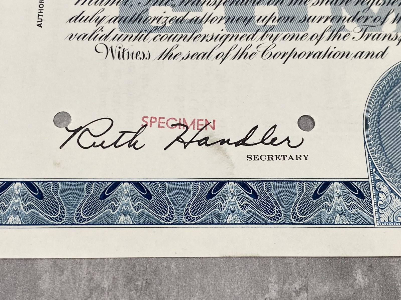 Vintage Mattel Stock Certificate Uncirculated Specimen Ruth Elliot Handler RARE