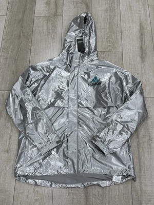 Men L New adidas EQT Metallic Windbreaker Hooded Jacket Silver $190 MSRP JN4526