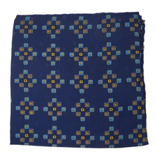 NWOT Italo Ferretti Blue w Geometric Print Silk Pocket Square Italy 14"