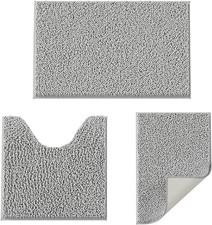 3 Piece Bathroom Rug Set Soft Absorbent Shaggy Chenille Non Slip Light Grey Mat