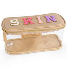 MEEJUNE Portable Chenille Letter Clear Preppy Makeup Zipper Bag Waterproof Fo...