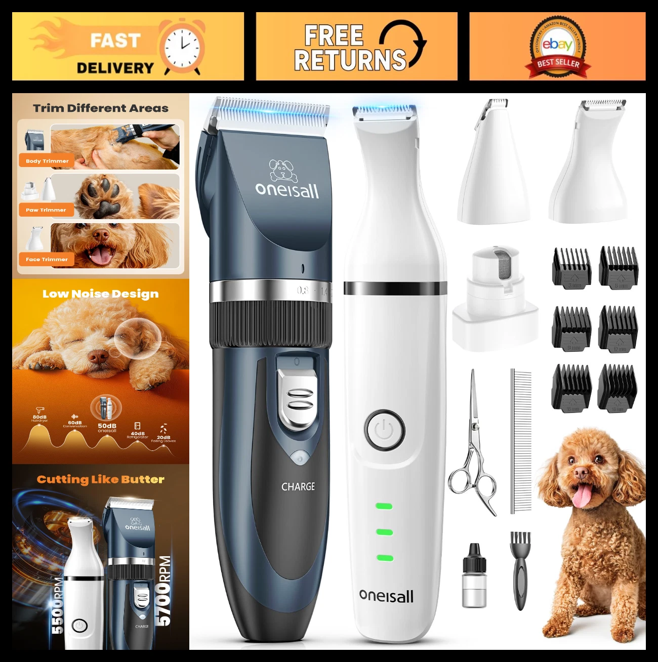 4-in-1 Dog Grooming Clippers Kit, Low Noise Cordless Pet Hair Trimmer for Dogs &