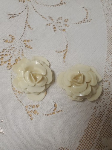 2 Large Vintage Celluloid Buttons Realistic Flowers Roses Multi Layers Shank