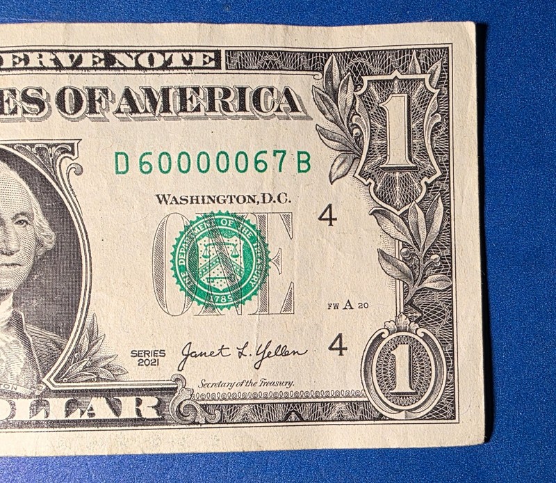 fancy serial number 2021 One Dollar note 5 IN A Row 00000,s plus its a TRINARY