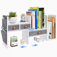 Adjustable Desk Shelves for Storage, Desktop Bookshelf with 3 Drawers, White ...