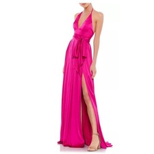 Mac Duggal 26531 Halter Strap Soft Tie Waist Charmeuse Gown, Magenta, Size 8