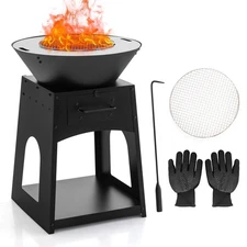 Patio Fire Pit Outdoor Wood Burning Fireplace with Storage, Grill & Ash Box