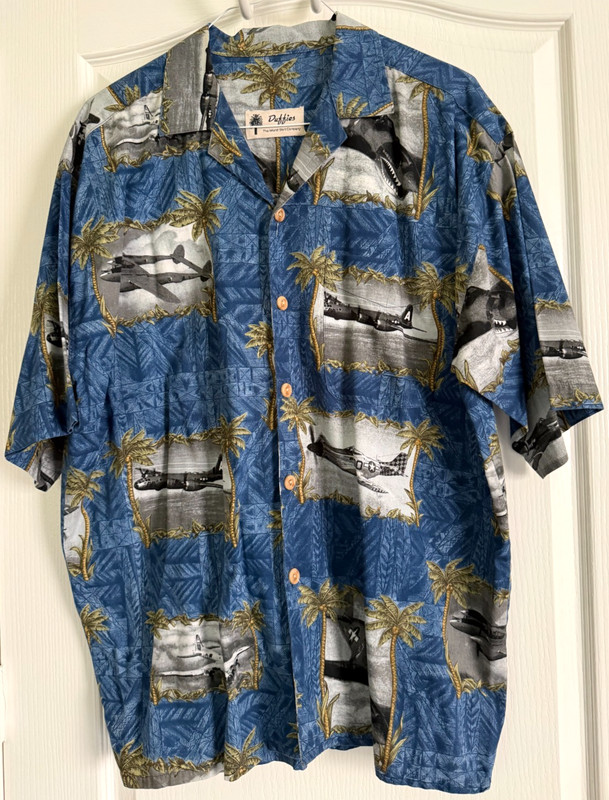 Duffies Button Up Hawaiian Shirt Blue Floral WWII Military Planes P-51 P-38 XL