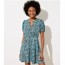 LOFT Teal Wildflower Puff Sleeve Flare Mini Dress Size 4 Small Spring Floral