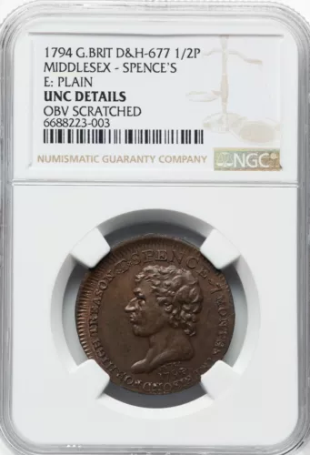 Great Britain - 1794 Middlesex - Spence's 1/2 Penny Token - NGC Unc Details ! PQ