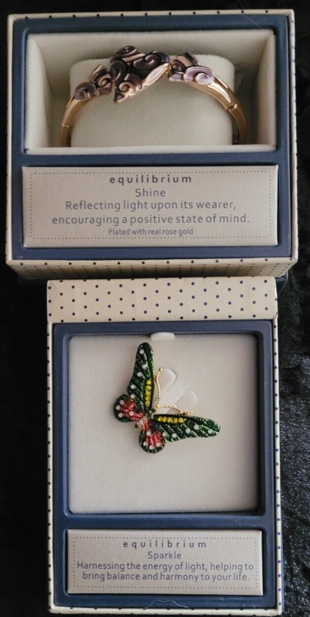 EQUILIDRIUM HEATHER TONES SWIRLY HEART BRACELET BUTTERFLY BROOCH NEW AND  BOXED