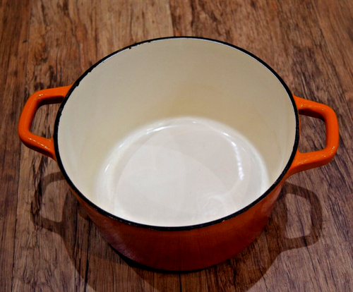 French 20cm Volcanic Orange Cast Iron Casserole Roasting Dish Pan Pot Vintage - Picture 4 of 16
