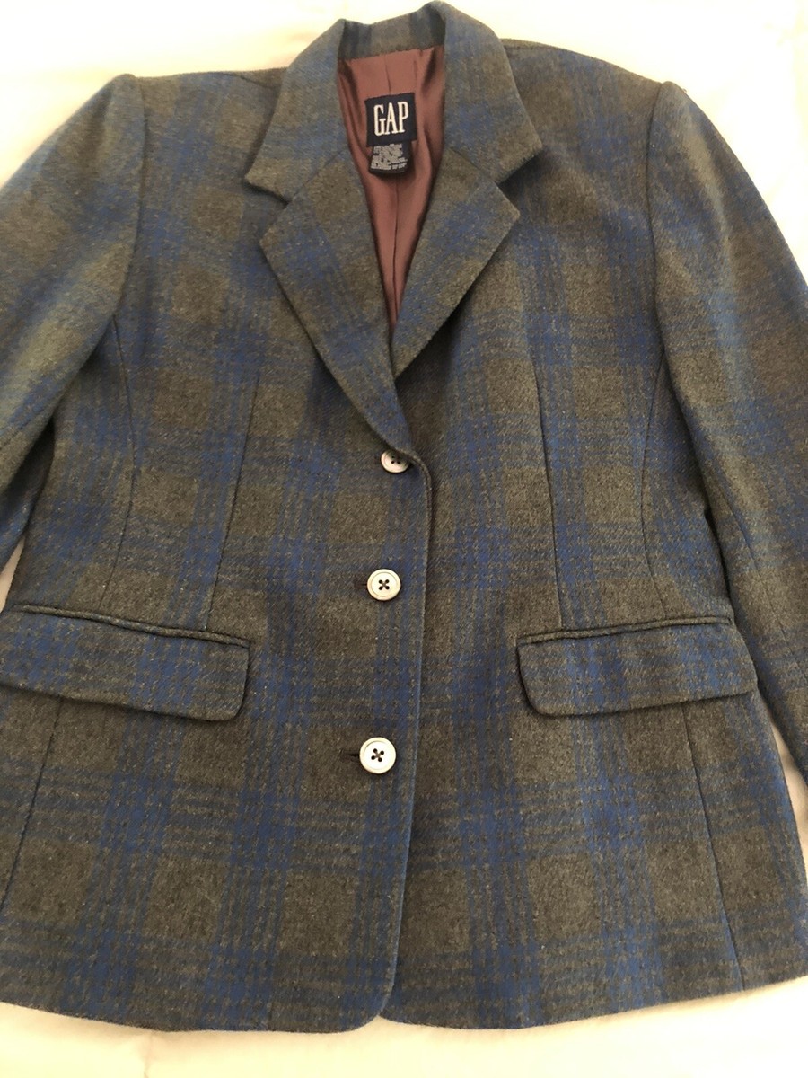 Vtg 90s GAP Blazer Jacket Wool Blend Blue Grey Plaid M | eBay