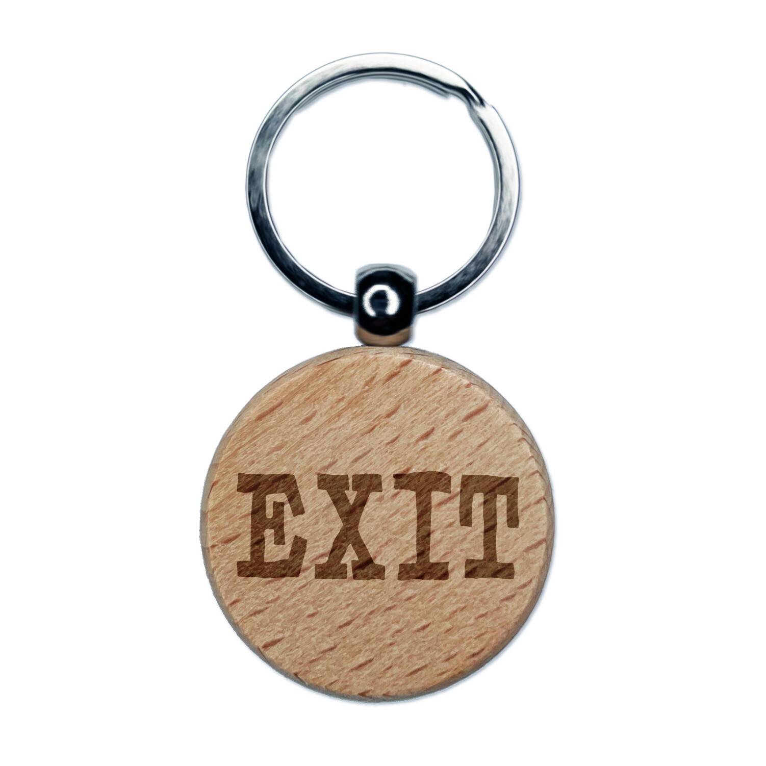 Exit Fun Text Engraved Wood Round Keychain Tag Charm