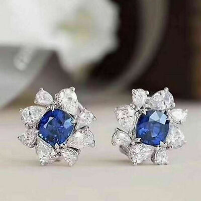 3Ct Round Cut Blue Sapphire /& Diamond Halo Stud Earring 14K Yellow Gold Finish