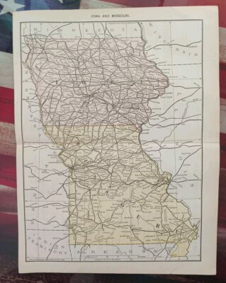 1890 Train Route Map MISSOURI  Iowa all Railroad Lines Marked RR Stations 9''x11''
