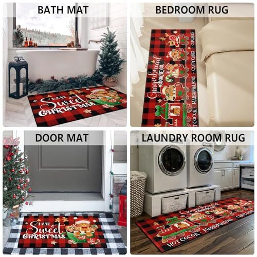 Merry Christmas Kitchen Rugs and Mats Set of 2,Buffalo Plaid Gingerbread Hot - Bild 6 von 7