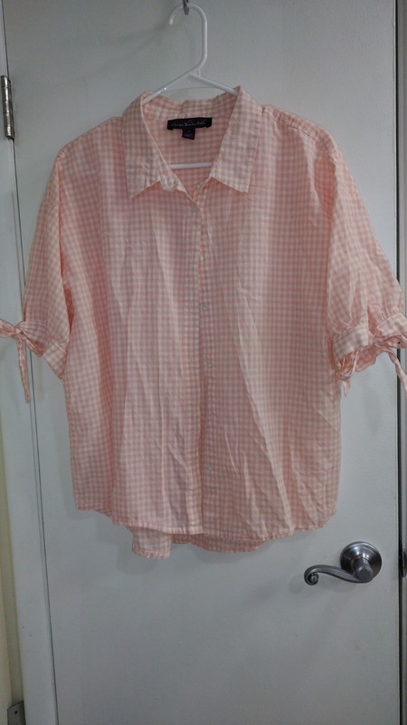GLORIA VANDERBILT PEACH WHITE GINGHAM CHECK BUTTON FRONT SHORT SLEEVE BLOUSE XL
