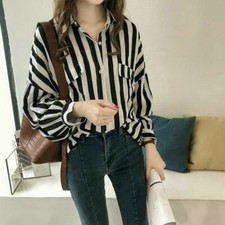 Womens Chiffon OL Stripe Shirt Tops Button Down Lapel Long Sleeve Blouse Thin