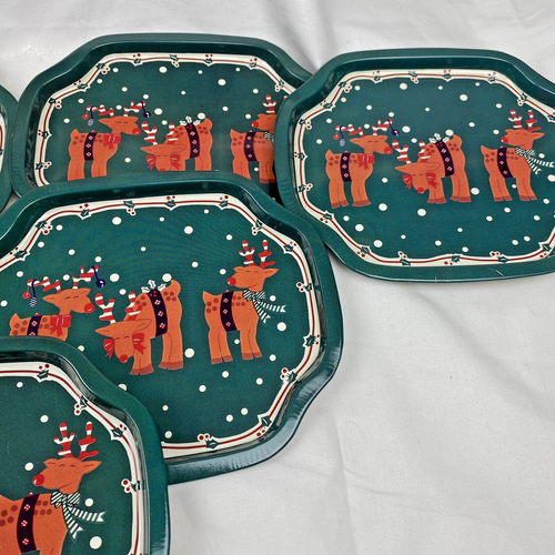 Vintage Tis The Season Christmas Canape Trays Lot 8 Metal Green Reindeer 6.5x7.5 - Picture 2 of 3