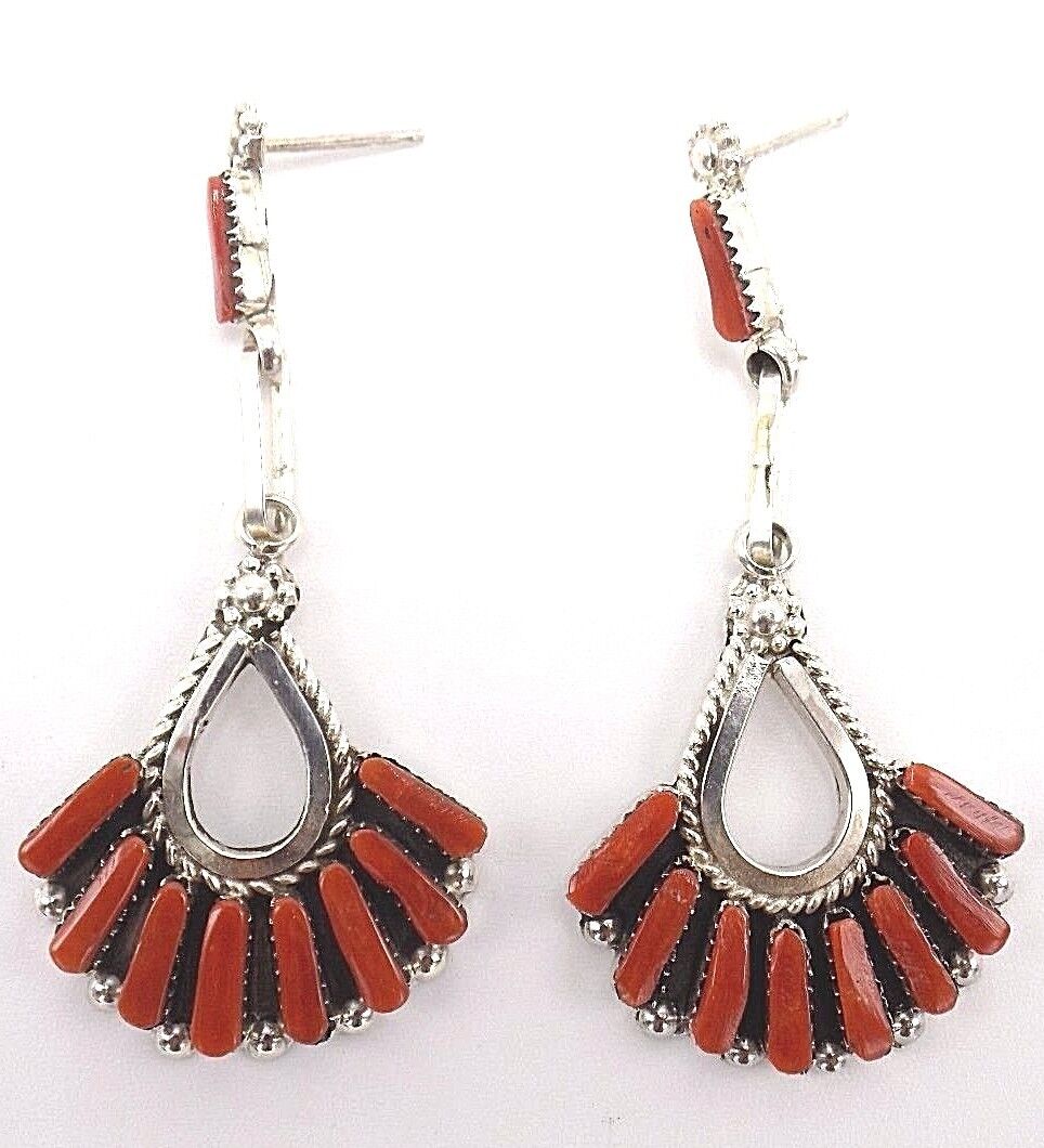 Elegant Vintage Native American Zuni Coral Sterling Silver Earrings Elegant Vintage Native American Zuni Coral Sterling Silver Earrings