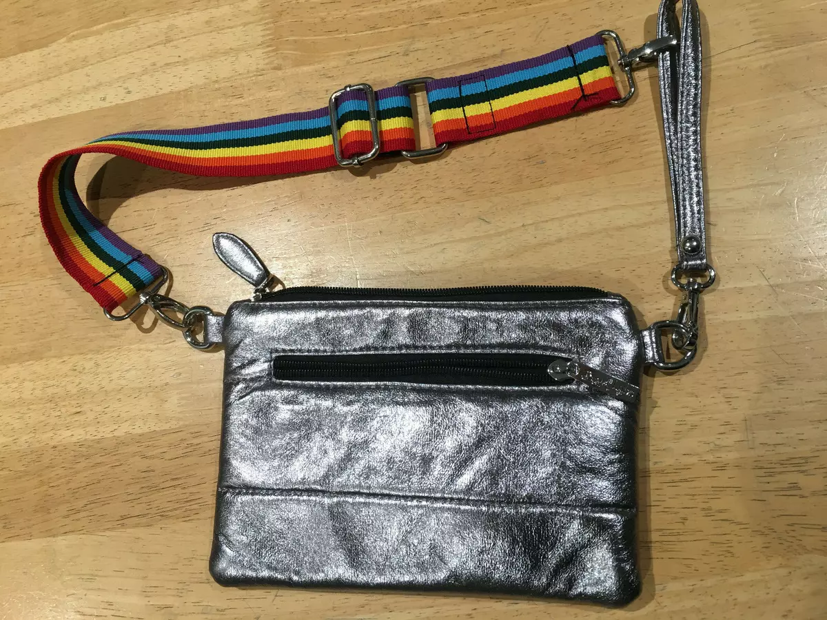 Bari Lynn Rainbow Strap Metallic Silver Wristlet Belt Bag w Zipper Closure