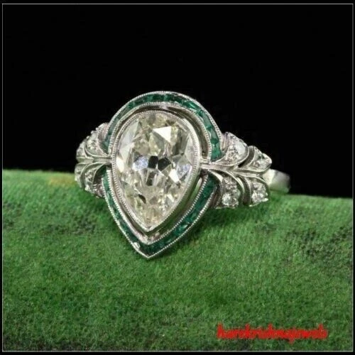 Vintage 4CT Pear Shape Lab-Created Diamond Art Deco Ring 14K White Gold Finish