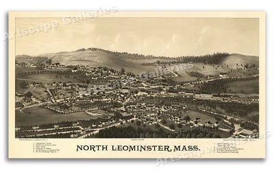 Bird's Eye View 1887 North Leominster MA Vintage Style City Map - 14x24