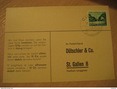 CHAM 1953 To St. Gallen Paidol Fabrik Pharmacy Medicine Cancel Card SWITZERLAND