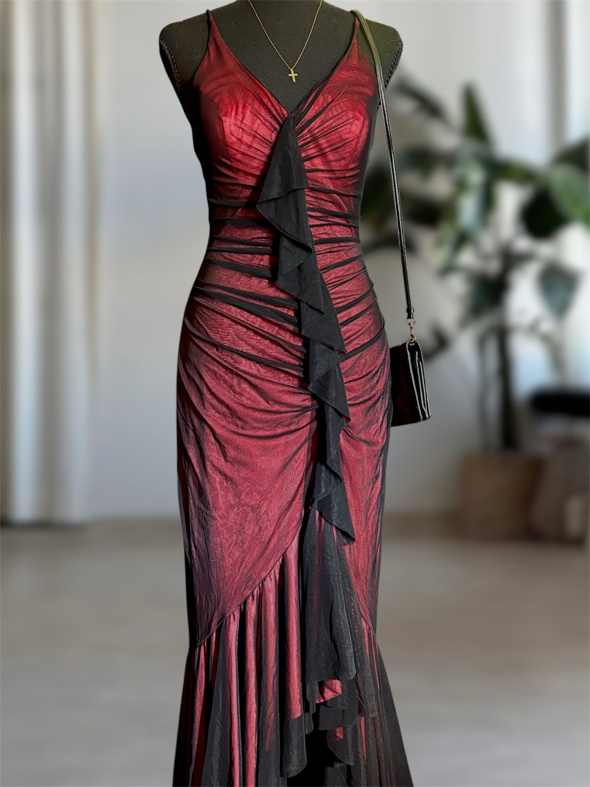Vintage Cache Y2K Red Black Mesh Ruched Gown NWT Sz 4 Cocktail Party Dress