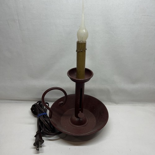 Primitive Country Rustic Early American New England Red Chamberstick Lamp 14” - Picture 2 of 15