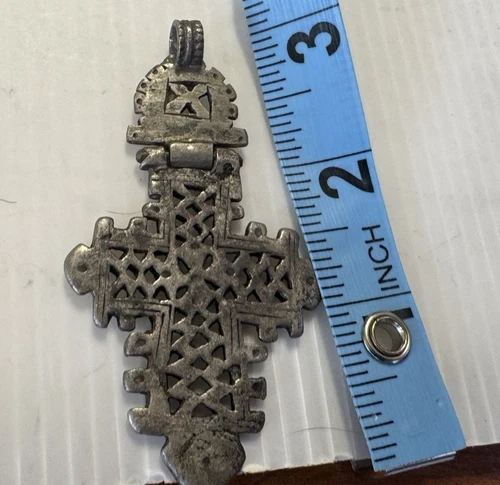 PICK Vintage Ethiopian Jointed Coptic Cross Charm Pendant Silver Tone Tribal 3" image 4
