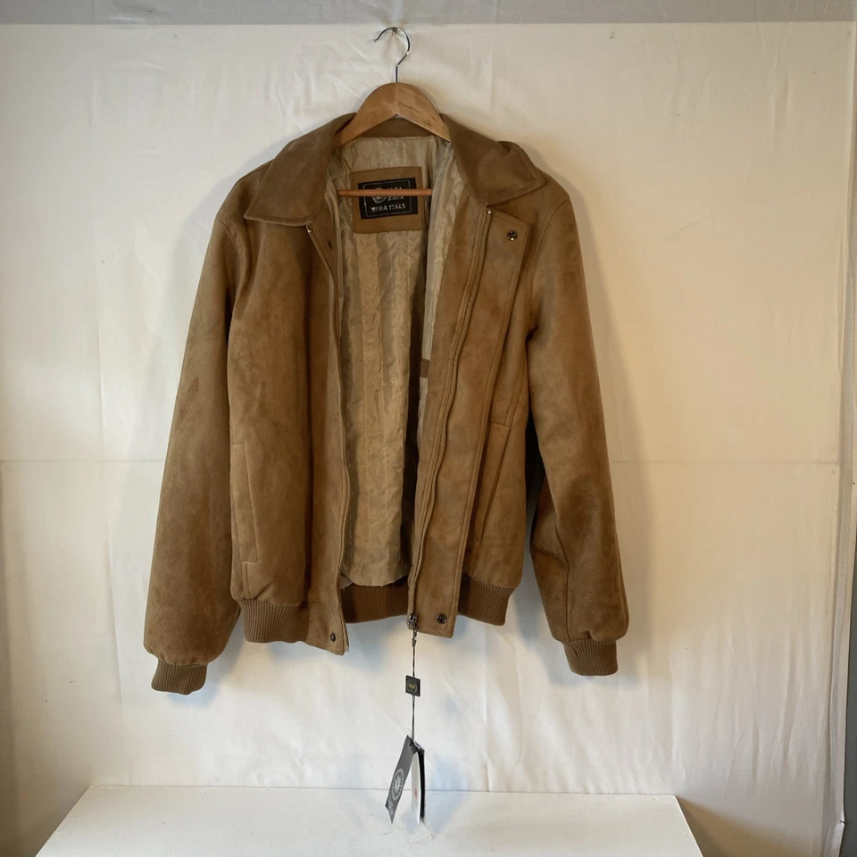 Alta Moda Mens XL Suede Bomber Jacket Brown Mock Neck Collar Zip Closure - Image 2 of 4