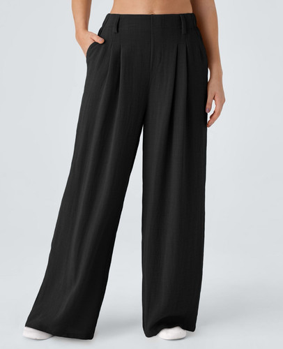 Halara hohe Taille weites Bein Taschen fließend Palazzo lässig Leinen Feel Hose Large - Bild 1 von 7