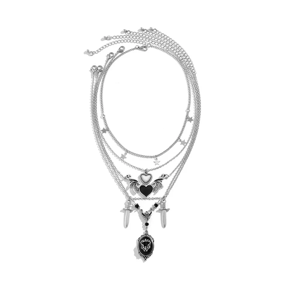 Goth Dämon Flügel Herz Anhänger Schwert Halskette Silber Gothic Schmuck - Bild 2 von 4