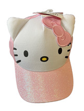 NWT Sanrio Hello Kitty White Ears Pink Bow Glitter Visor Adjustable Cap Hat