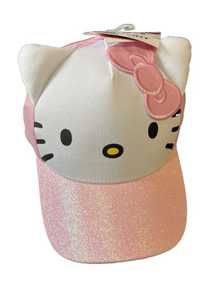NWT Sanrio Hello Kitty White Ears Pink Bow Glitter Visor Adjustable Cap Hat