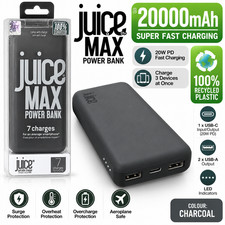Juice Max 20000mAh Power Bank 20W PD Fast Charging USB-C USB-A Eco Charcoal
