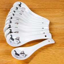 Set of 10 Asian Cat Pattern Soup Spoons, 5.4 inch Ceramic Porcelain Spoons fo...