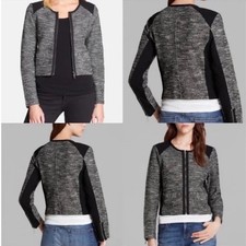 Eileen Fisher Tweed Jacket Size Small Cropped Black Marled Knit Panels Full Zip