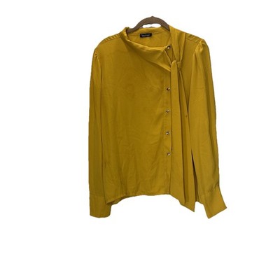 Vtg Boohoo Long Sleeve Button Front Tie Neck Polyester Yellow Blouse Sz 12