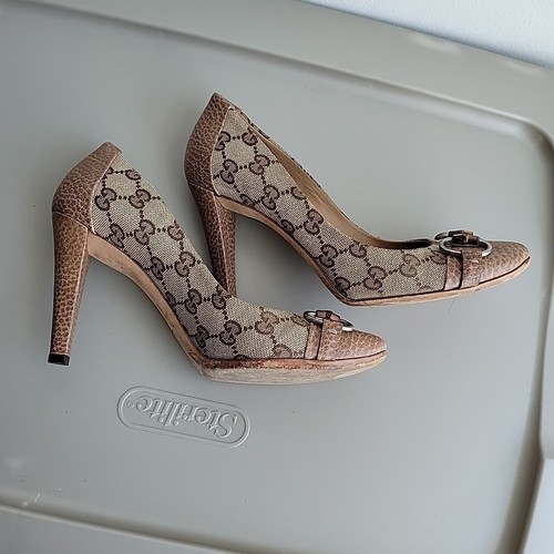 Gucci GG Monogram Logo Canvas Horsebit Pumps Heels Beige Shoes EU 37 US 6.5 - Picture 3 of 8
