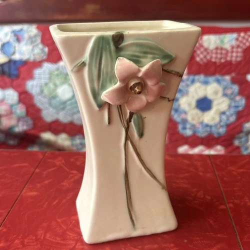 McCoy Pottery Blossom Time Vintage 1940s  Applied Floral Pink Flower 8" Vase