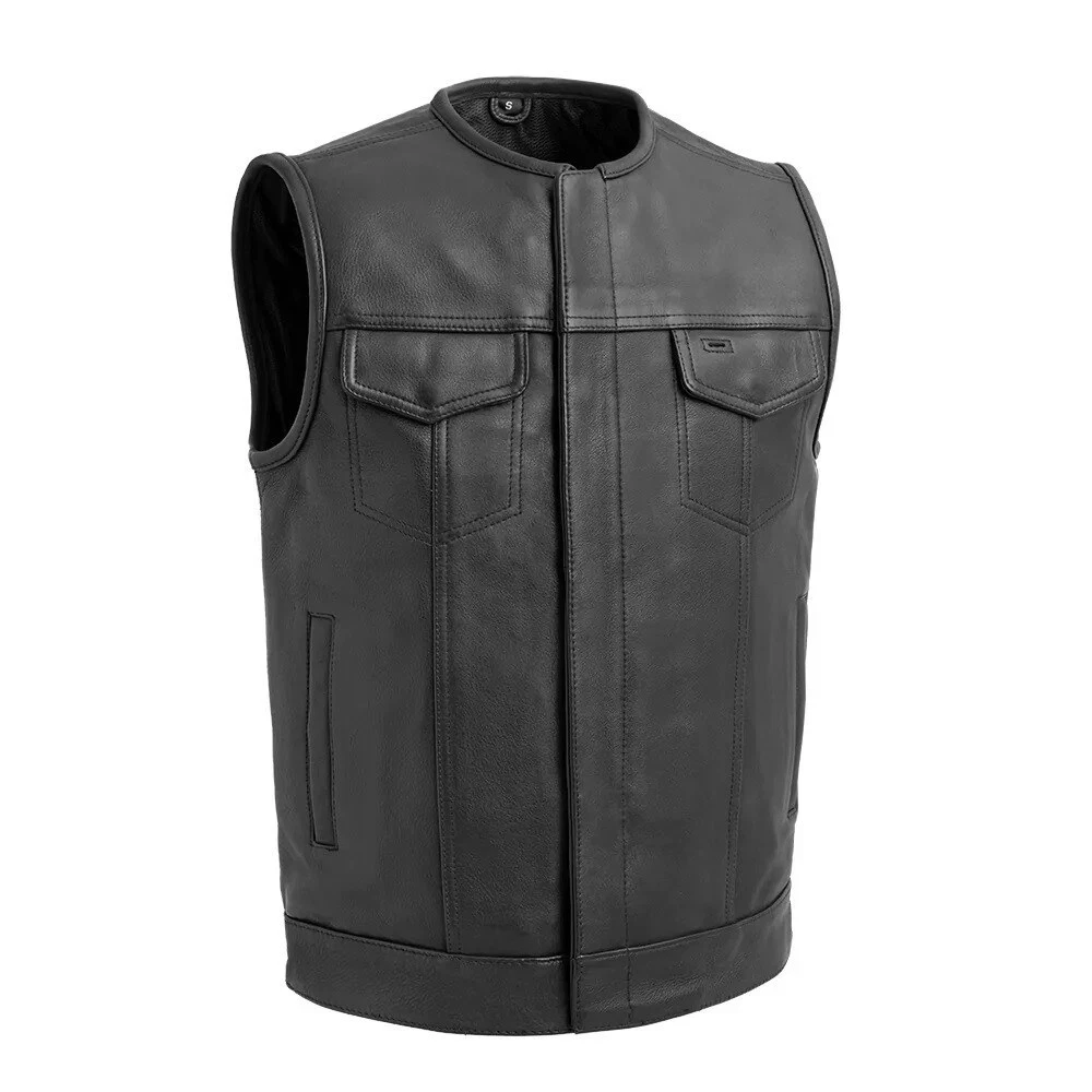 MEN'S Genuine Leather Biker Club Vest All Black Collarless Bikers Leather Vest