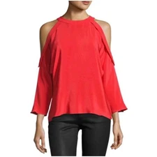 Ramy Brook Silk Cold Shoulder Blouse Womens XS Red Luxury Sexy Valentine Party