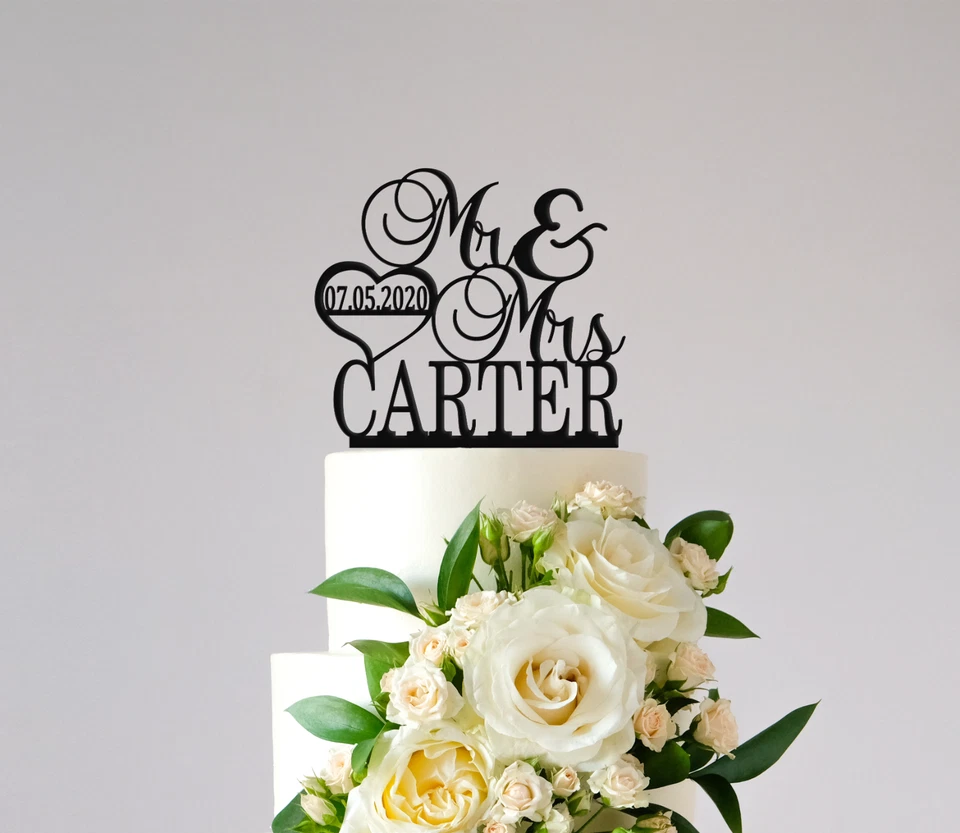 Personalizado Sr. y Sra Apellido/fecha Tradicional Corazón Pastel Topper para Boda Foto 4 de 4