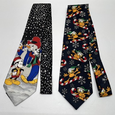 LOT of 2 VTG 57'' Neckties Mickey Unlimited & Garfield Paws Addiction Christmas